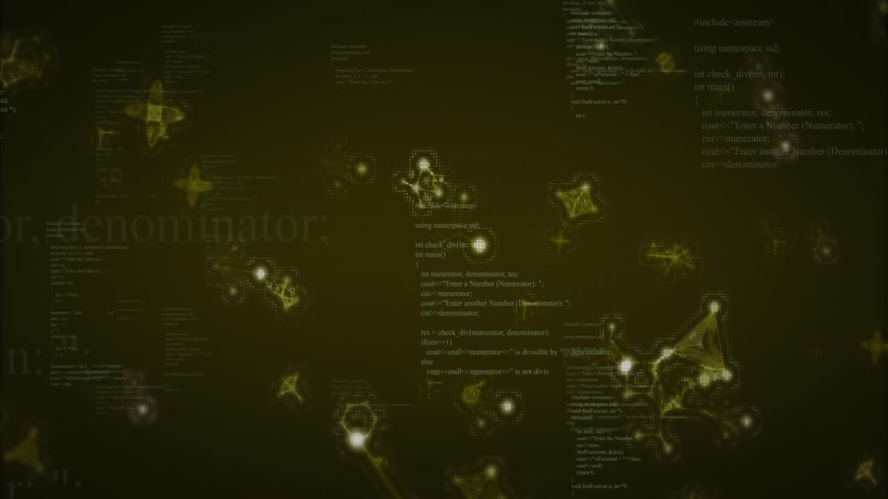 Central cluster of C++ code snippets floating in dark cyber space, showing glowing node connections