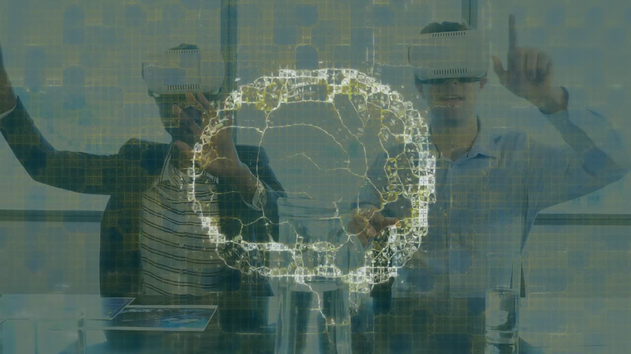 Animation of human brain and medical data processing over business people wearing vr headsets