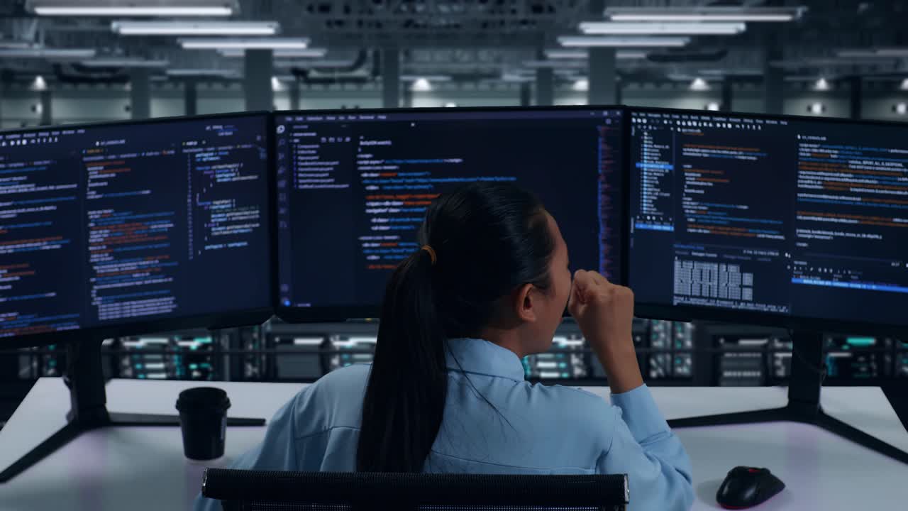 vista trasera de una desarrolladora asiática cansada bostezando mientras escribe código con múltiples pantallas de computadora en el centro de datos