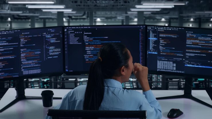 Back View Of Tired Asian Woman Developer Yawning While Write Code With Multiple Computer Screens In Data Center