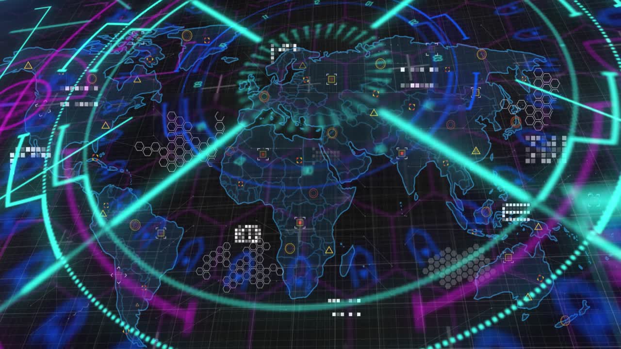 세계 지도 위의 범위 스캐닝, 데이터 처리 및 마커의 애니메이션