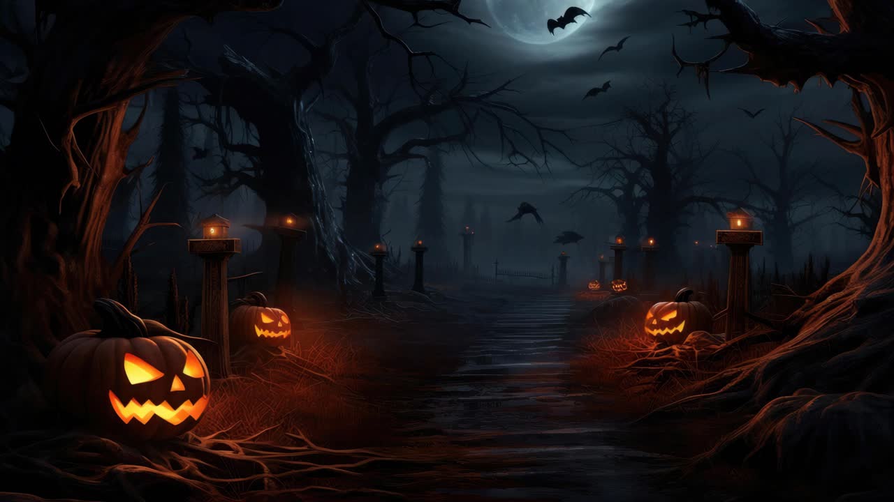 Eerie Halloween scene with glowing pumpkins lining a foggy path under a full moon
