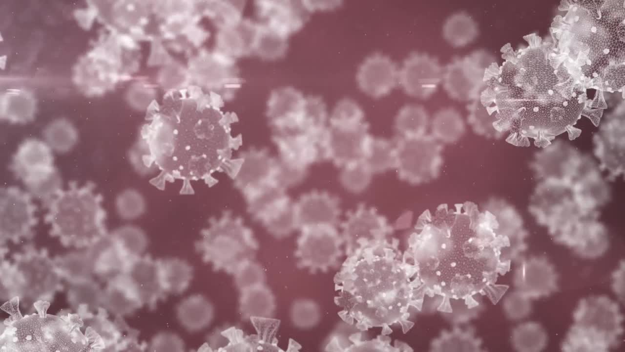 빨간색 배경 위의 매크로 코로나 19 세포의 애니메이션