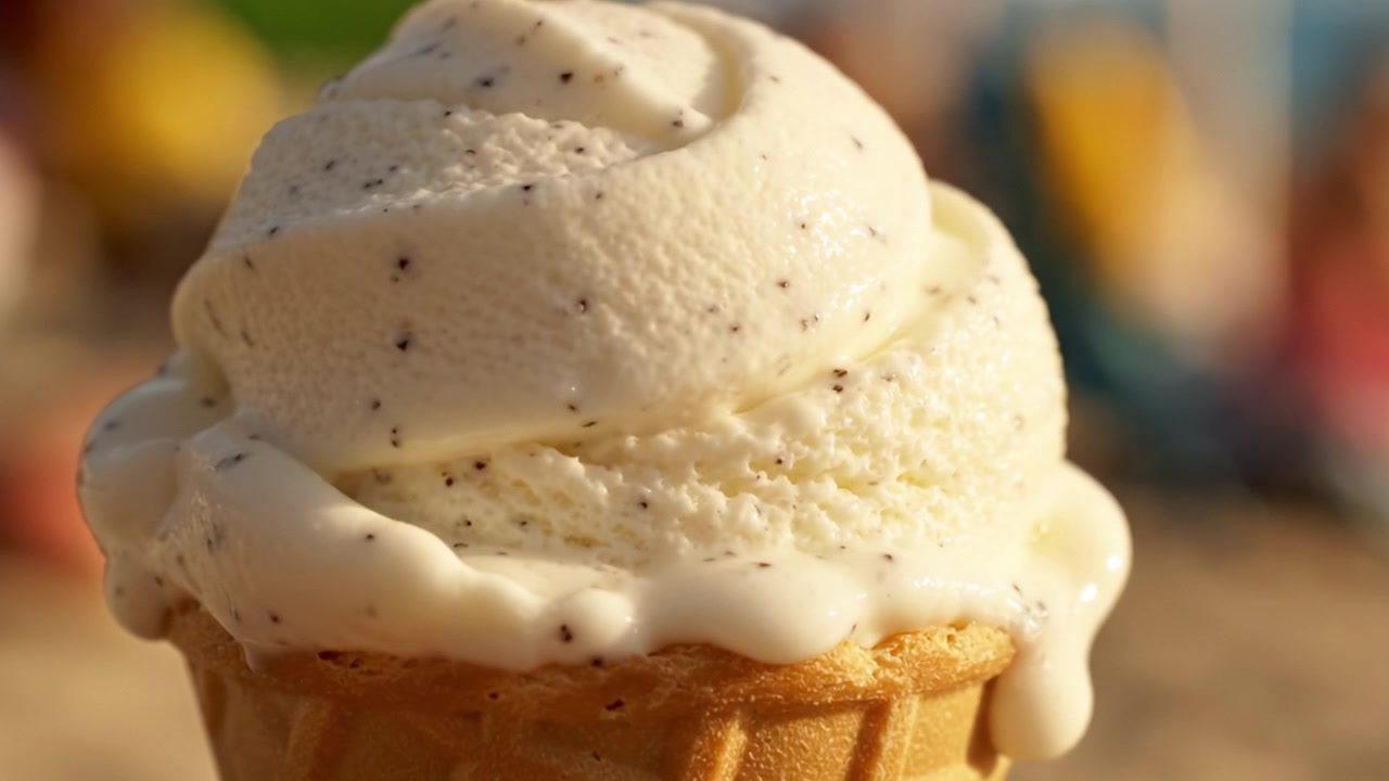Delicioso Cone de Sorvete de Baunilha Derretido na Perfeição com Textura Cremosa e Gotas de Chocolate, a Guloseima de Verão Perfeita em um Dia Ensolarado.