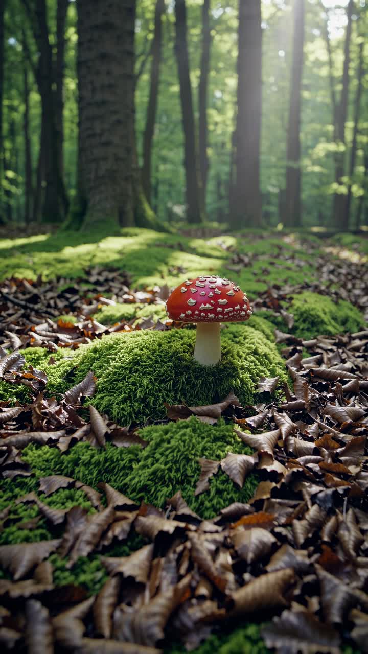 Low-angle video shot of a vibrant red mushroom on mossy forest floor, surrounded by fallen leaves