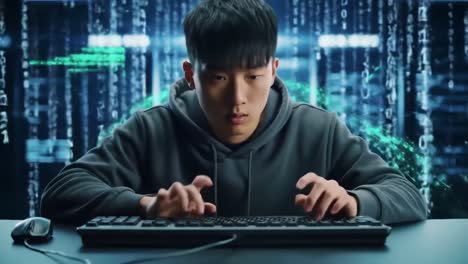 a young coder immersed in technology, rapidly typing on a keyboard against a backdrop of glowing binary code, demonstrating the fusion of human skill and digital innovation