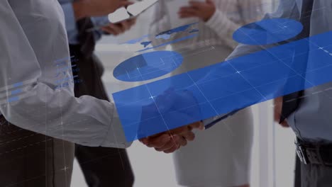 animación de estadísticas y procesamiento de datos sobre el apretón de manos de un empresario