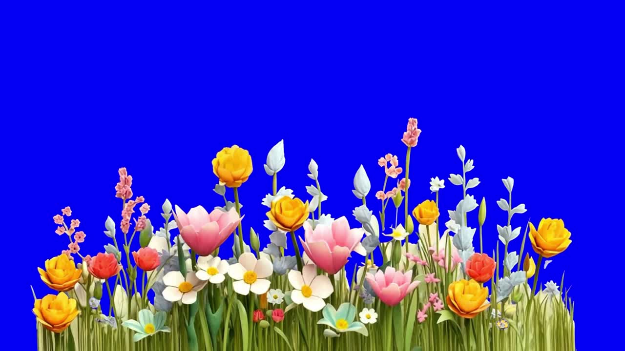 Vibrant floral garden illustration animation, transparent 4K video, green screen