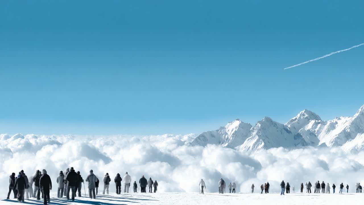 Breathtaking Panorama of a Snowy Mountain Landscape with People Walking Amongst Clouds Under a Clear Blue Sky