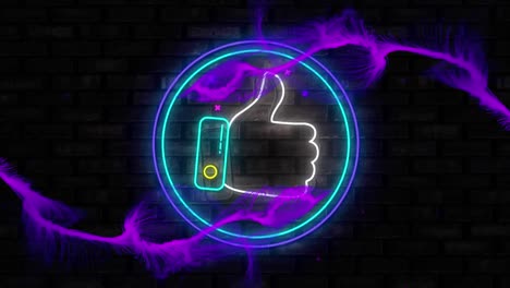 animación digital de ondas digitales púrpuras sobre un icono de neón en una pancarta redonda contra una pared de ladrillo