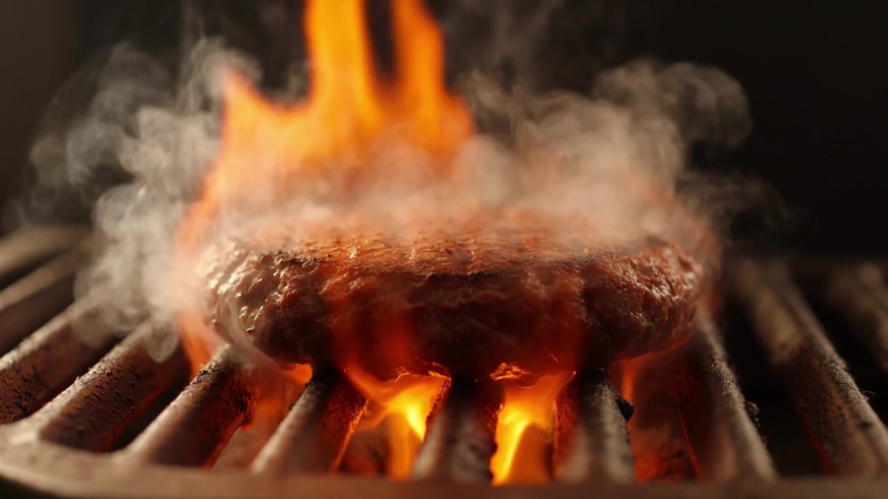 Hamburger di manzo alla griglia su fiamme vive