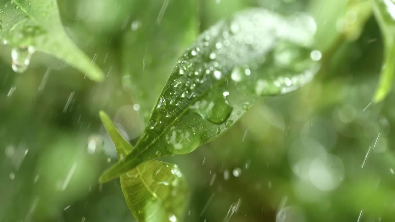 ближайший снимок капель дождя в супер замедленном движении. дождь капает на зеленые листья растения.