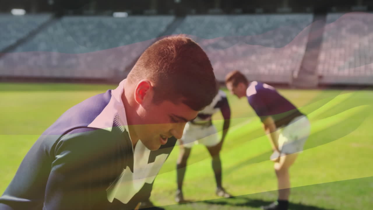 피곤한 카우카스 럭비 선수와 팀 동료들 위에 있는 독일 발의 애니메이션