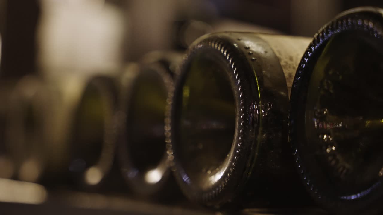 Close up of the bottom of 5 bottles of vintage wine caked in dust from the long process of maturing