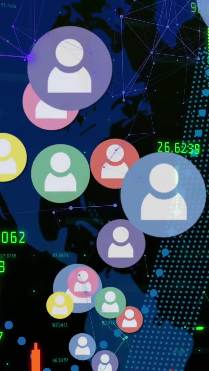 Animazione di icone, elaborazione di dati finanziari e reti di connessioni su sfondo nero
