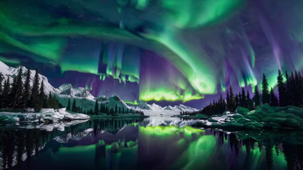 The video captures stunning northern lights dancing over a serene lake, reflecting vibrant colors