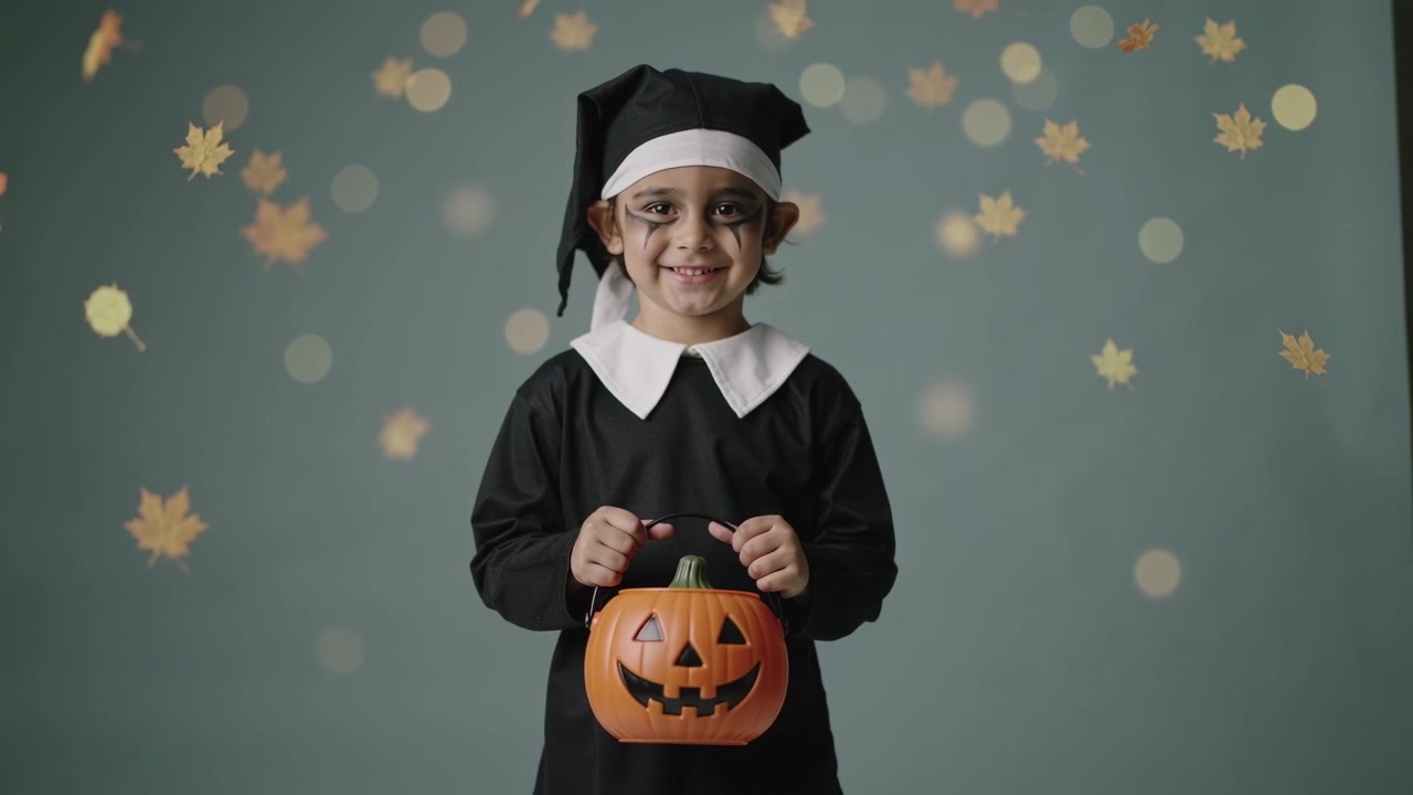 Niño pequeño vestido con disfraz de Halloween sosteniendo un cubo de calabaza