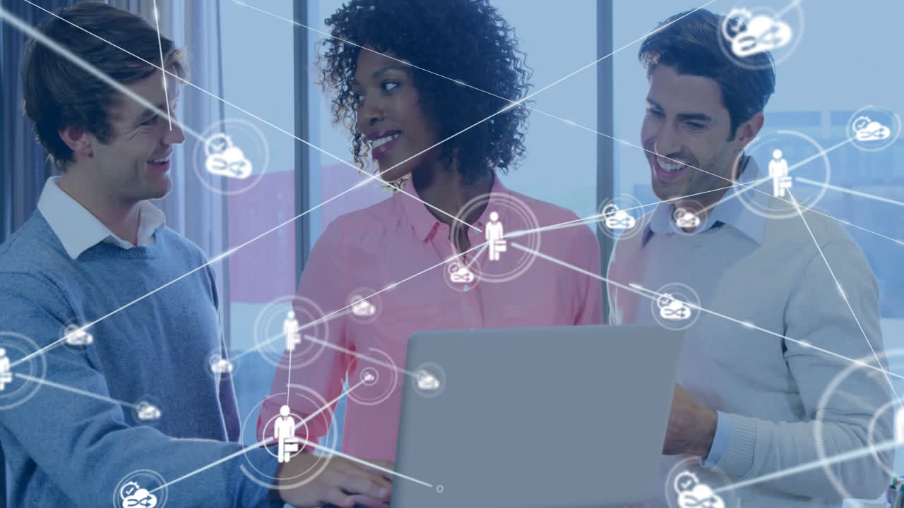 Collaborating with laptop, diverse group in school with animation network overlay