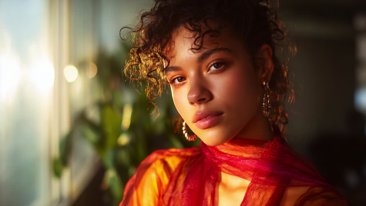 Retrato de una joven mujer con cabello rizado