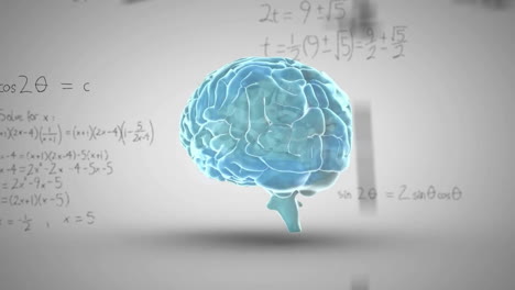 animation of mathematical data processing over human brain on grey background