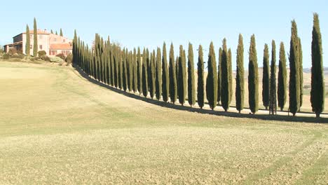 una toma amplia de una casa de campo con largas hileras de árboles en toscana, italia 6