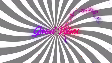 animación de buenas vibraciones texto sobre movimiento nube de colores en fondo blanco y negro