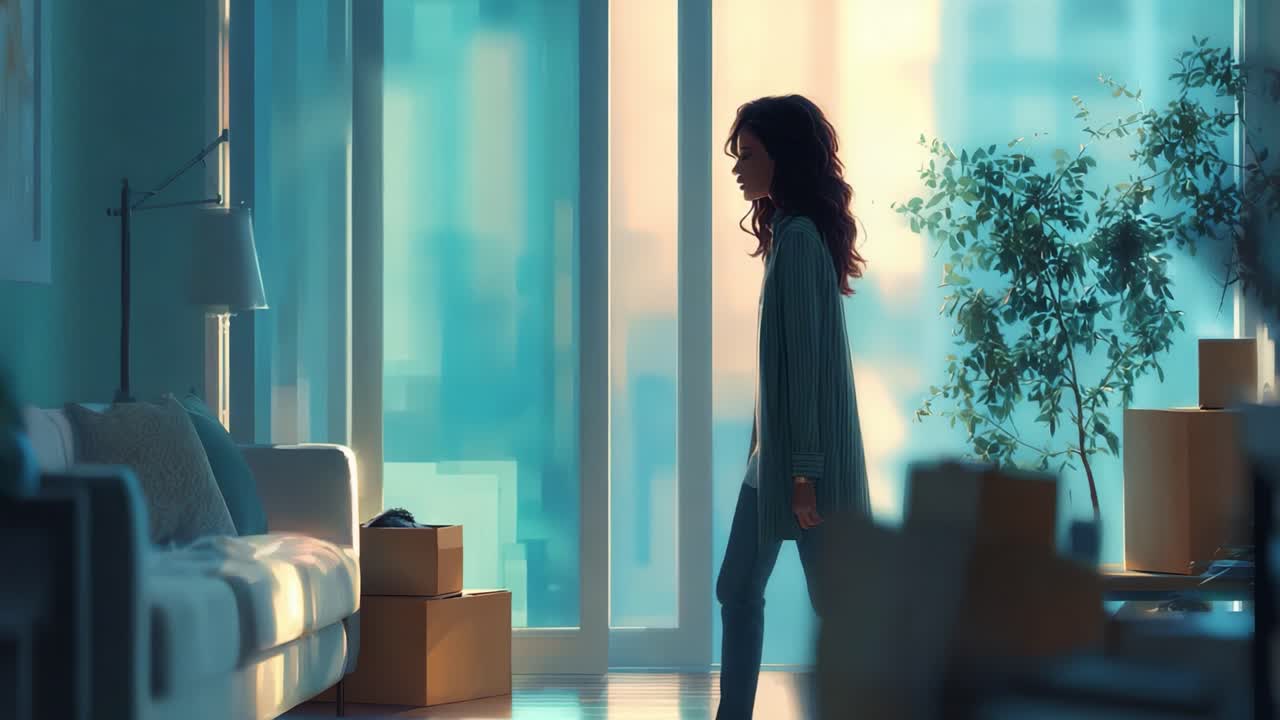 A Reflective Moment: A Woman in Soft Light Contemplates Life in a Cozy, Modern Space Surrounded by Boxes and a Warm Atmosphere, Capturing a Sense of Transition and Change