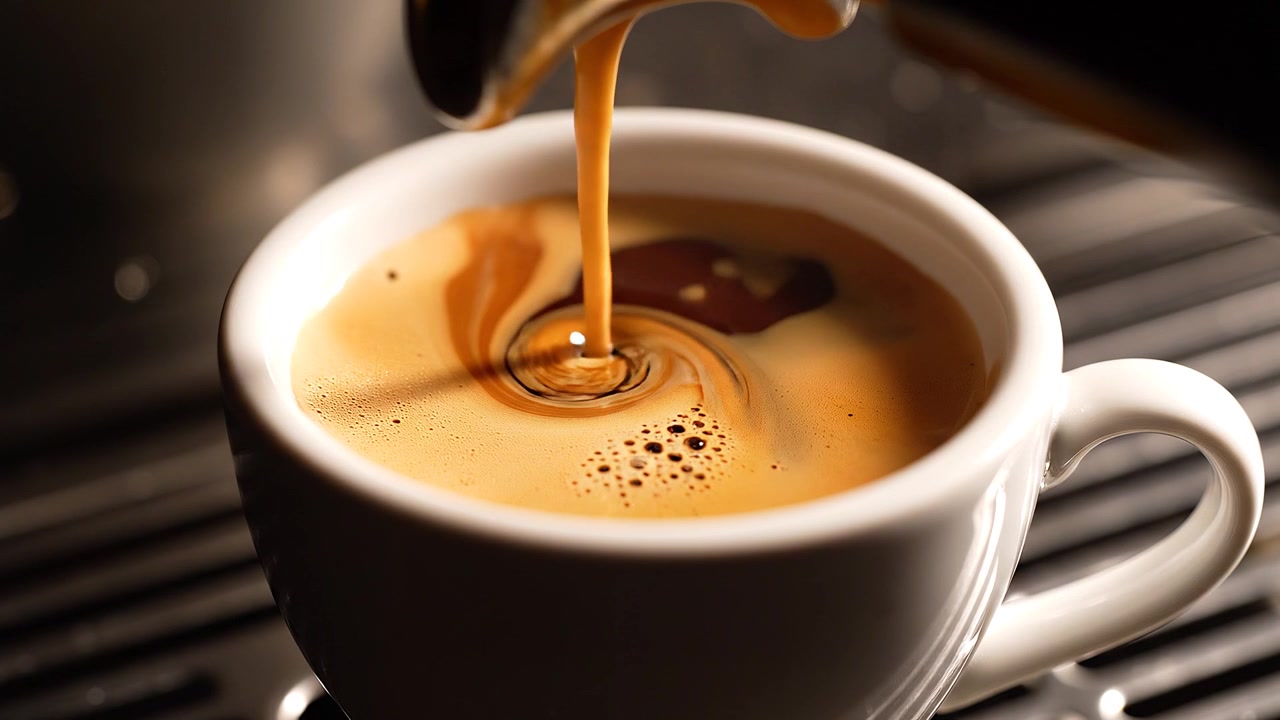 Nærbillede af frisk espresso, der hældes i en hvid kop fra en kaffemaskine