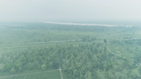 Aerial-dolly-backwards-flight-of-green-nature-landscape,on-foggy-day