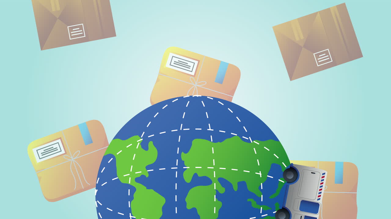 지구 행성과 상자에 있는 밴과 함께 우편 서비스 애니메이션