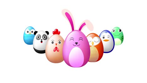 diseño de personajes ovalados de animales. conejo, gallina, búho, pingüino, panda, rana. animación en fondo blanco.