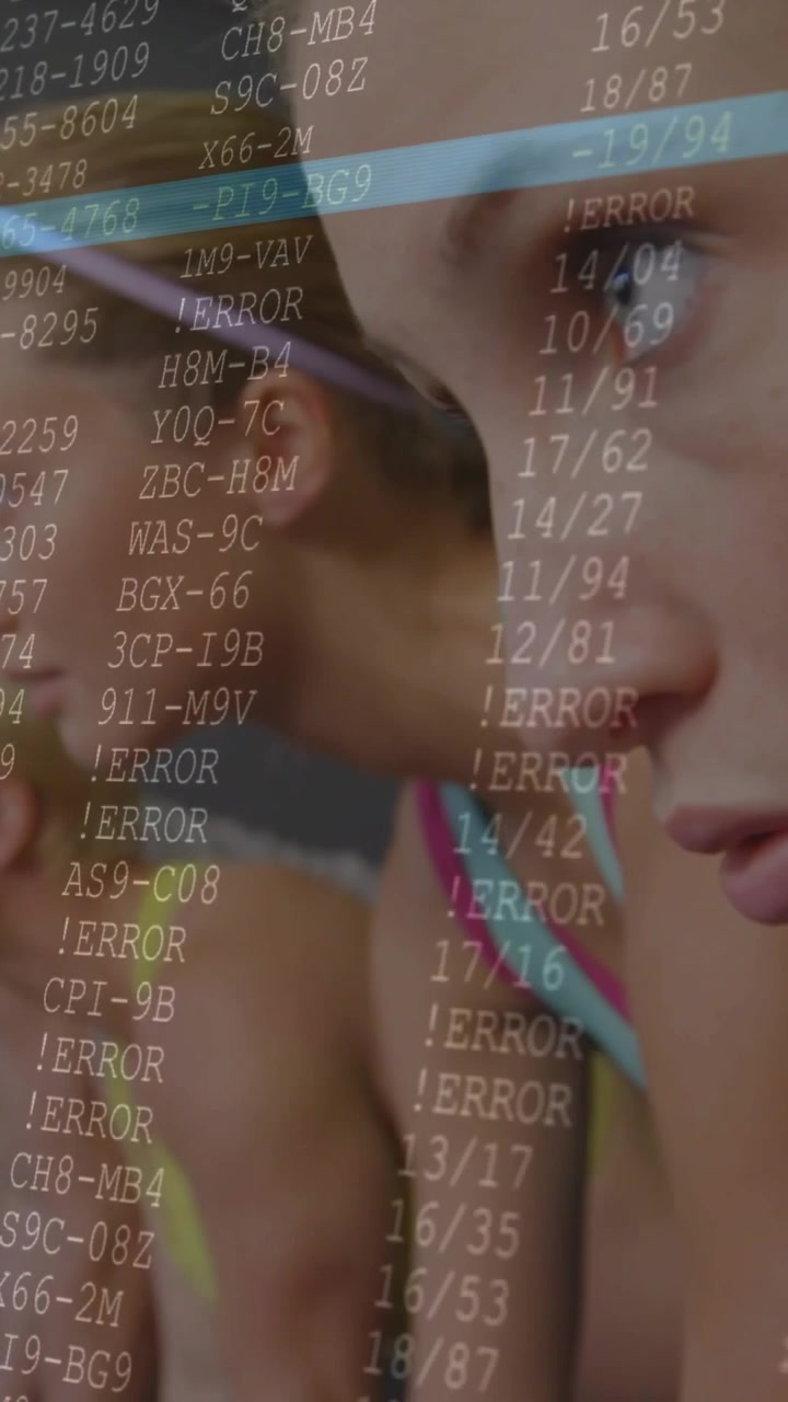 Vertical video: Three females leaning in fitness class, third ERROR overlay scrolling over faces