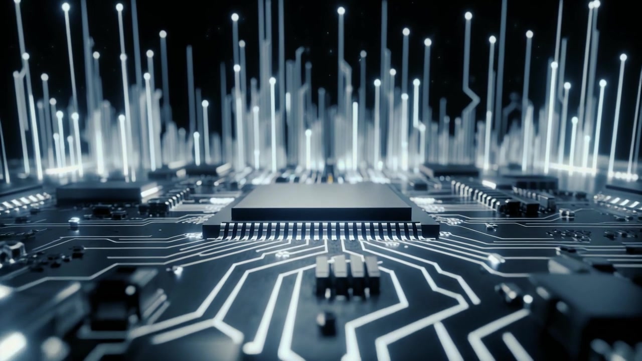 Digital Circuit Board with Glowing Data Streams and Processor