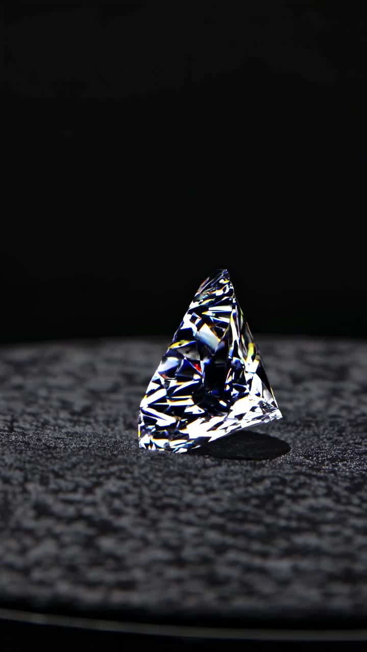 Close-up, low-angle shot of a sparkling diamond on a textured surface, highlighting its facets