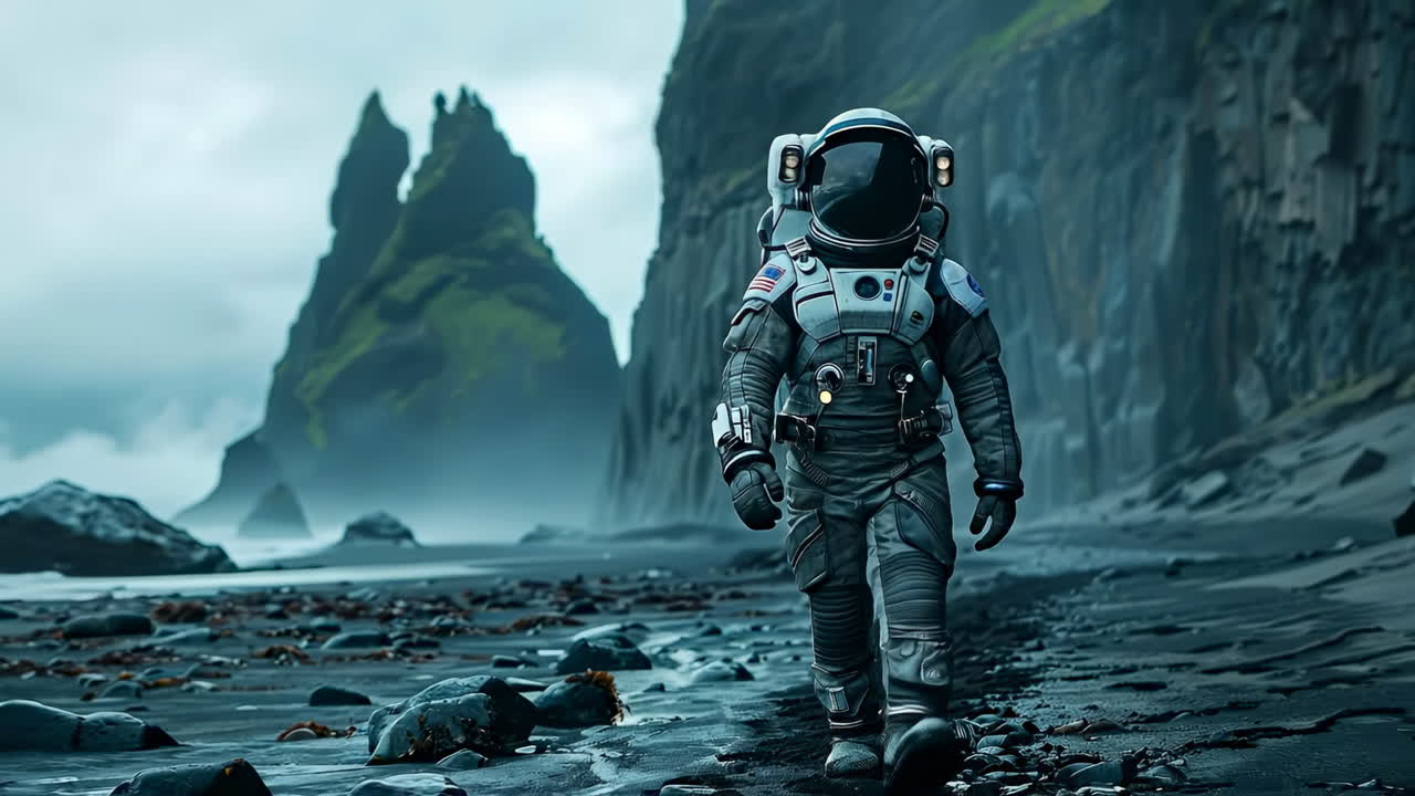 Astronaut opdager fremmed kyst. En astronaut går langs en stenet kystlinje med dramatiske klipper under en skyet himmel på en fremmed planet.