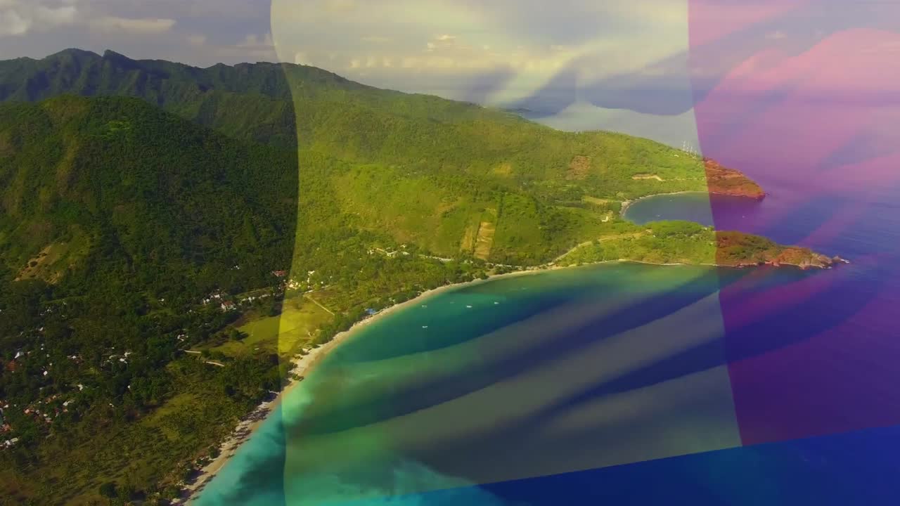 벨기에의  ⁇ 발이 바다 풍경 위에서 날아다니는 애니메이션