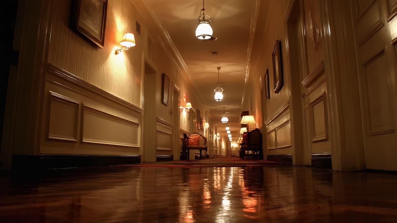 A Long Perspective View of a Dimly Lit Hotel Corridor with Elegant Lighting and Polished Wooden Floors, Creating a Mysterious and Inviting Atmosphere