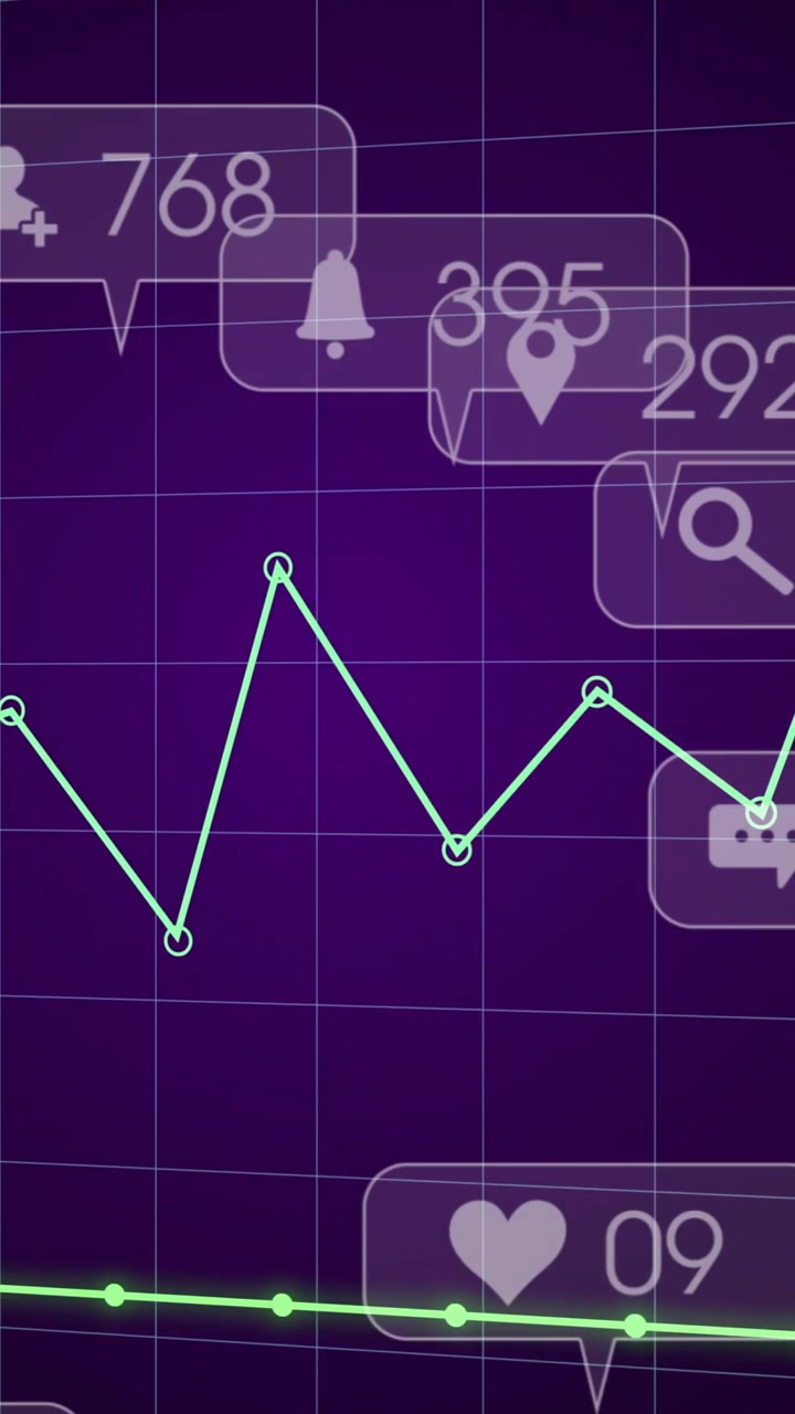 Grafico a linee fluttuante con icone di notifica dei social media animato