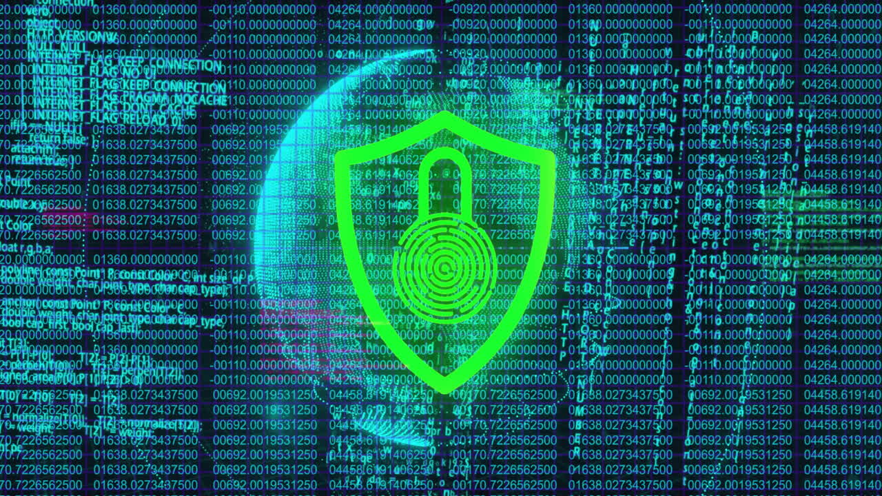 Red lock shield icon over digital binary code and data security animation