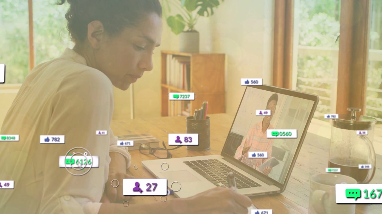 Woman taking notes in business meeting, colleague speaking and social badges tracking engagement