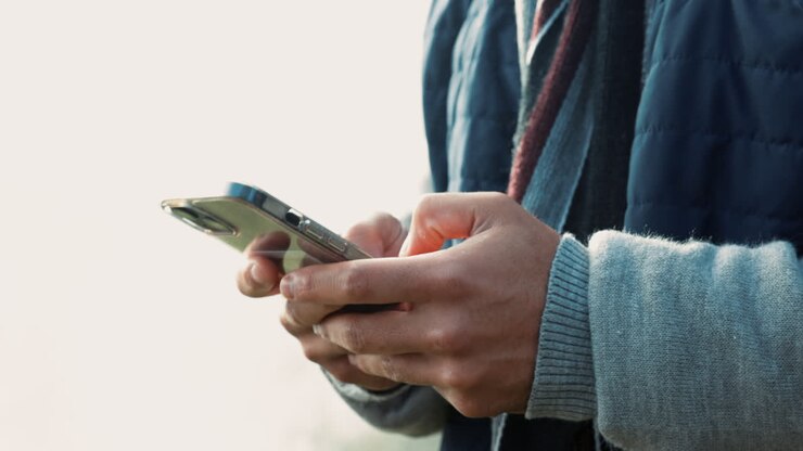Hands, phone and typing outdoor for communication