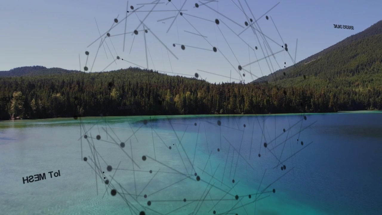 Geometric network appearing above turquoise lake, growing into spherical globe visualizing data