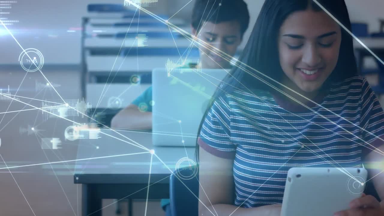 animación de conexiones sobre estudiantes diversos felices que usan tecnología en la escuela