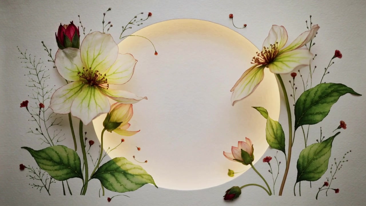 Pannello circolare illuminato che si apre, rispondendo a un bagliore centrale che sale su una parete chiara, rivelando due fioriture.
