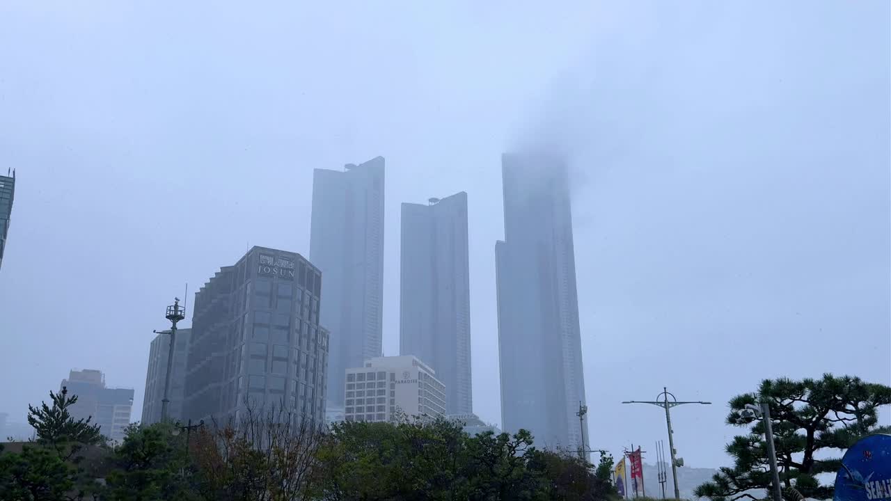 높은 건물 들, 산 들, 배경 에 푸른 바다 가 있는 부산 도시, 공중 사진