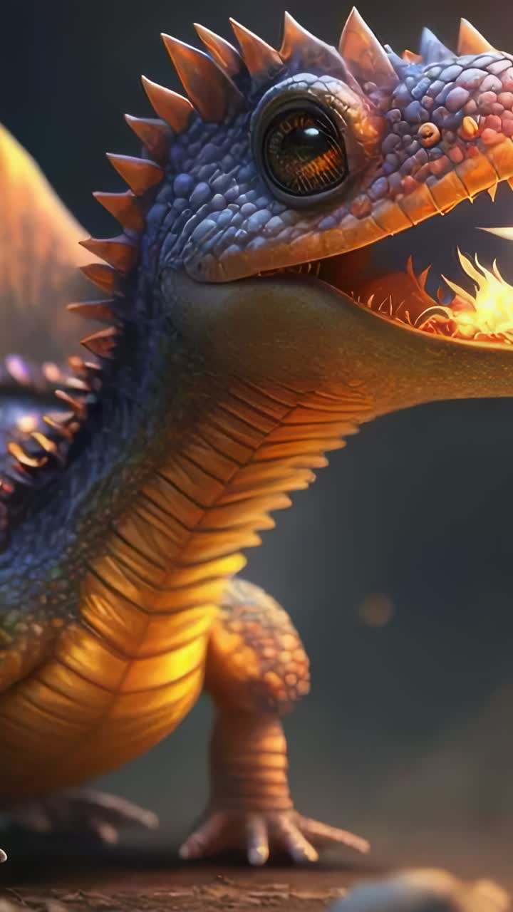 Vertical video: Tilting head, dragon-like lizard exhaling flame burst on rocks with amber glow