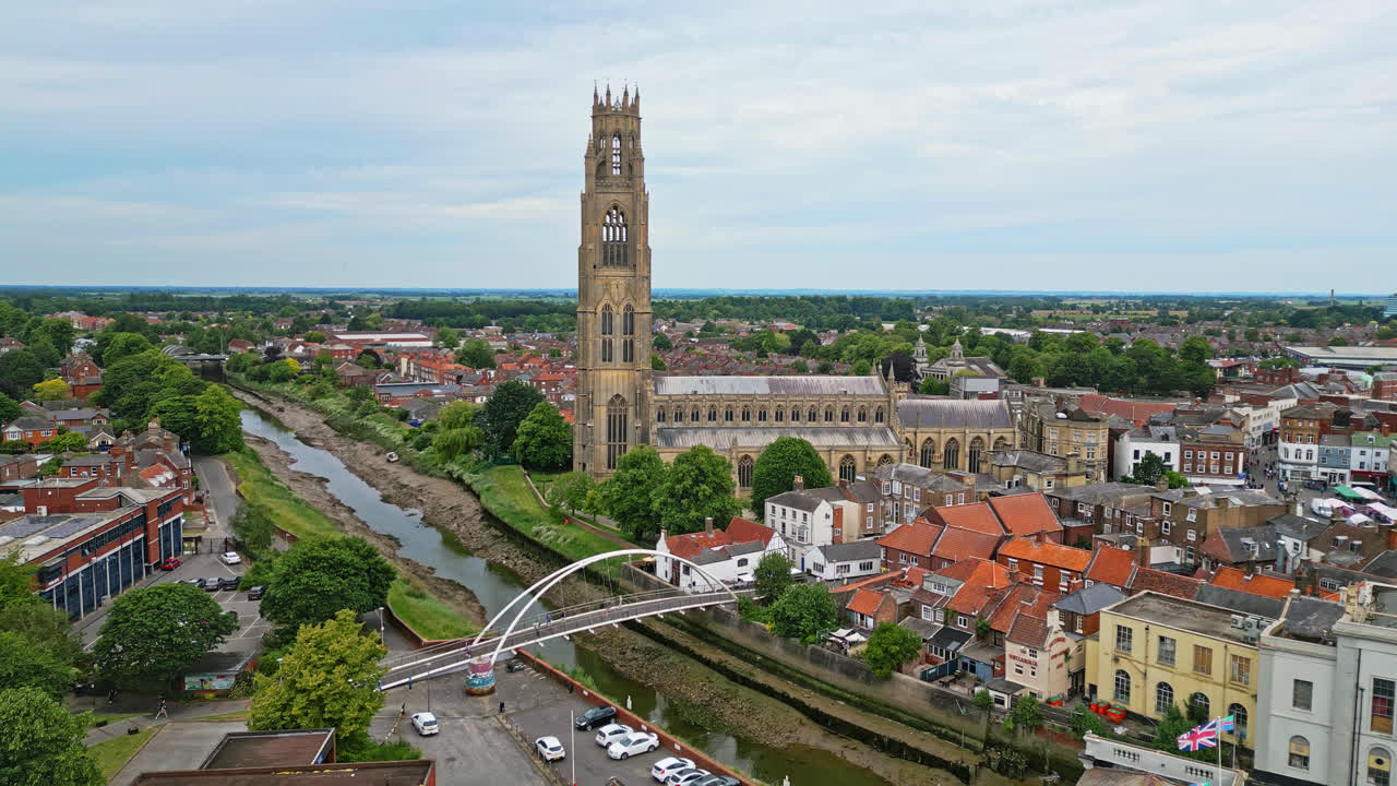 scenic beauty of Boston, Lincolnshire, in mesmerizing aerial drone footage: Port, ships, Saint Botolph Church , Saint Botolph's Bridge
