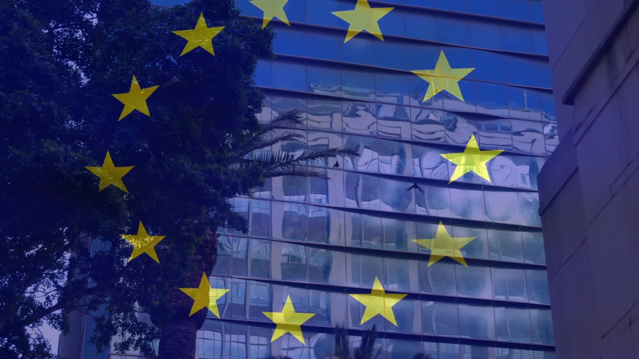 EU flag stars fading in glass facade with windows shimmering and branches swaying showing contrast
