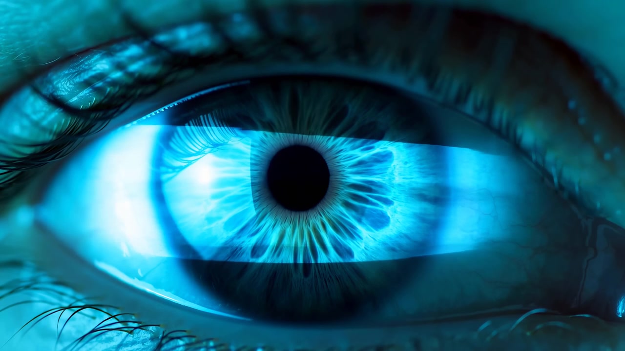 Primo piano estremo di un occhio umano che riempie l'inquadratura, mostrando un'iride blu brillante, ciglia definite e un'illuminazione verde acqua fredda che crea un aspetto futuristico e suggestivo.