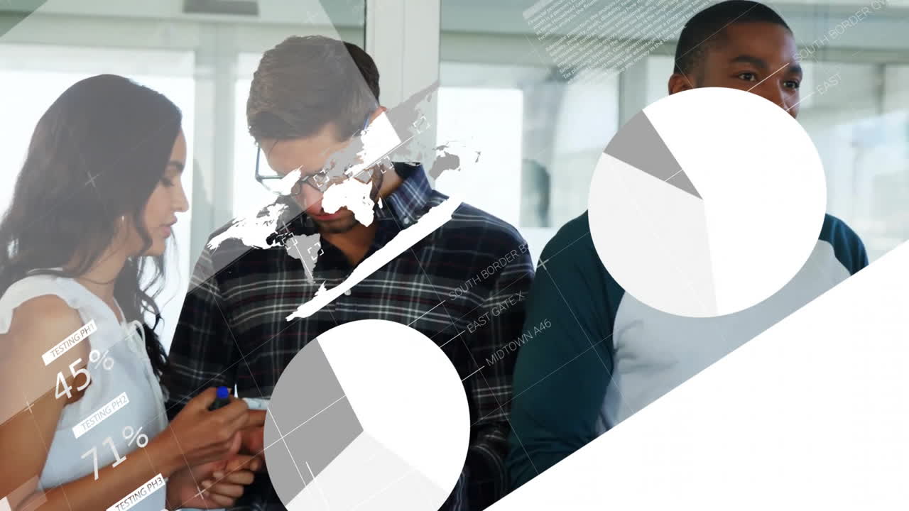 Animation of infographic interface over multiracial colleagues sharing business ideas in office